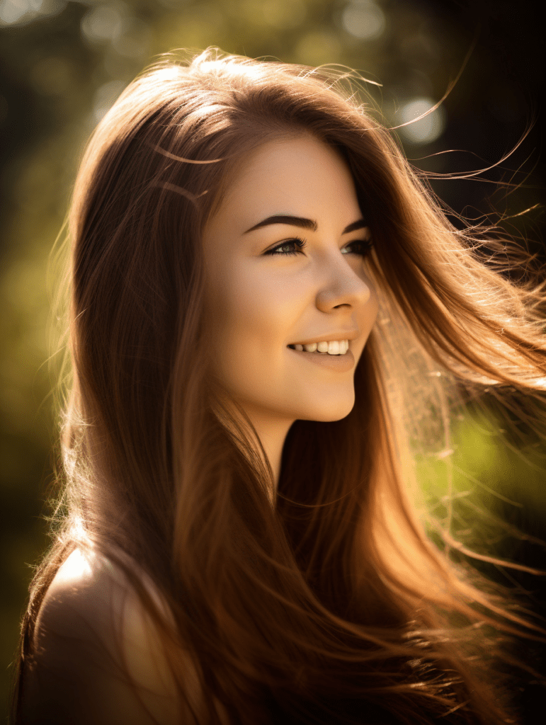 une femme avec des cheveux qui brillent au soleil