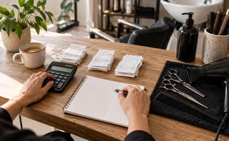 Coiffeuse calculant ses charges professionnelles avec une calculatrice et ses justificatifs dans son salon