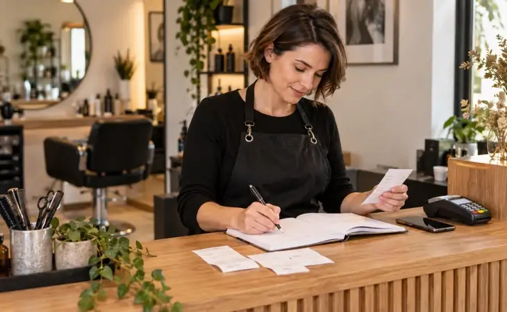 Coiffeuse indépendante faisant ses comptes au comptoir de son salon, avec ses justificatifs et son terminal de paiement