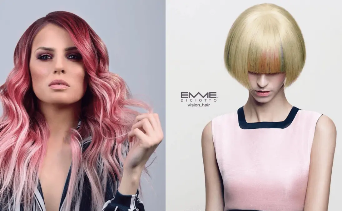deux femme avec des cheveux colorés une qui regardent la et la camera et l'autre baisse la tete pour montrer ses beaux cheveux avec une coupe carrée