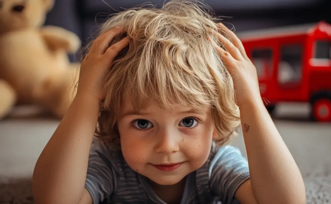 un enfant allongé sur le tapis qui se gratte la tête a cause des poux